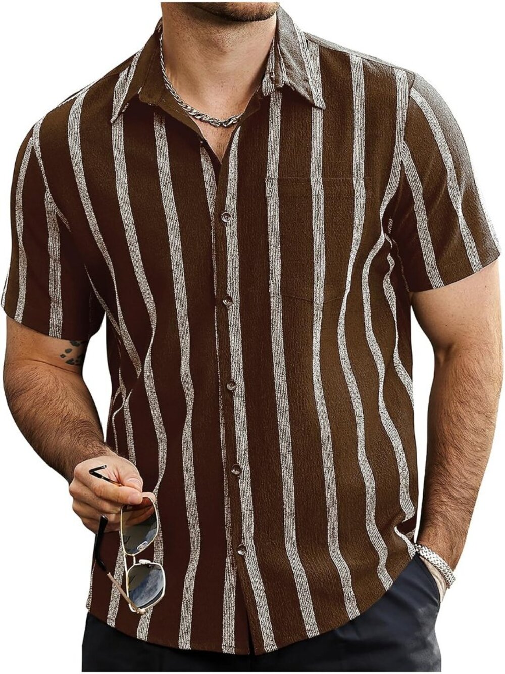 Men's Brown Striped Short Sleeve Collared Button Down Beach Shirt with Pocket